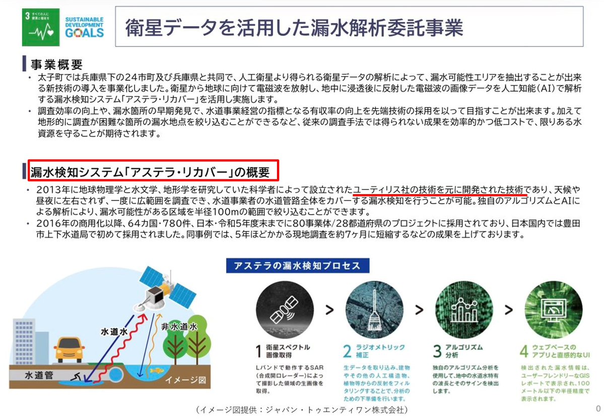 JP_Fujiwara's tweet photo. 兵庫県がイスラエル企業が地下上水道の検査技術を導入。これは衛星からの情報を元に、掘削しないで地下の上水道館の状況を検査できる技術。当然、ガザなどのトンネル見つける技術からの転用。兵庫県、代理店の名前しか出さず黙ってたのに、県内全自治体に導入させたら太子町がHPに載せちゃってばれた。 https://t.co/fFxTrGZ2DF