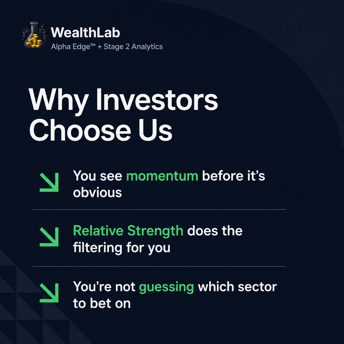 WealthLab_'s tweet photo. WealthLab helps you spot relative strength, emerging momentum, and leading sectors before they become crowded.

Built for investors who want a systematic edge.

Explore WealthLab.