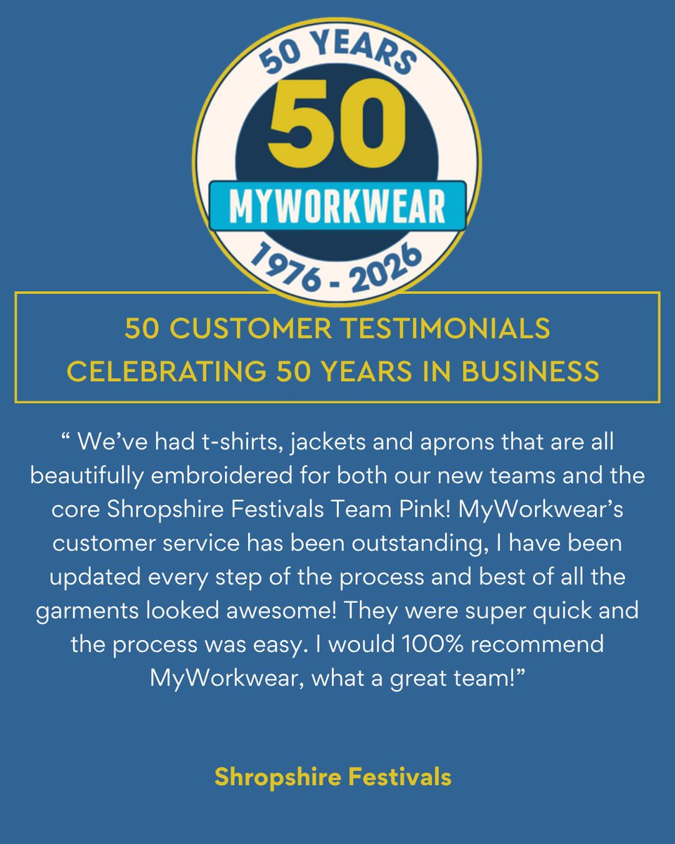 MyWorkwearCo's tweet photo. 50 Customer testimonials celebrating 50 years in business 💙

A big thank you to Shropshire Festivals for sharing their testimonial with us.

Learn more about Shropshire Festivals: https://t.co/xU7QX6YBOk 
Learn more about us: https://t.co/9o2TdIsAlB 

#MyWorkwear https://t.co/QsaPCjW5rk