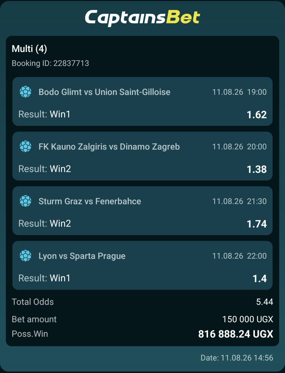AkaxhBrian's tweet photo. 📢UEFA CHAMPION'S LEAGUE QUALIFIERS GAMES ARE IN 📢
Captains Bet ticket loaded 💰

🎯Total odds 5🔥

📌 Booking CODE ✍️ 22837713

📲 Register now 👉https://t.co/Q0TKZx8SR0

🎁 PROMO CODE ✍️ LAMPADO5
GAMBLE RESPONSIBLY 🤝
#Captainsbet #Cunha #LouisPage https://t.co/qu8vpuOz6J