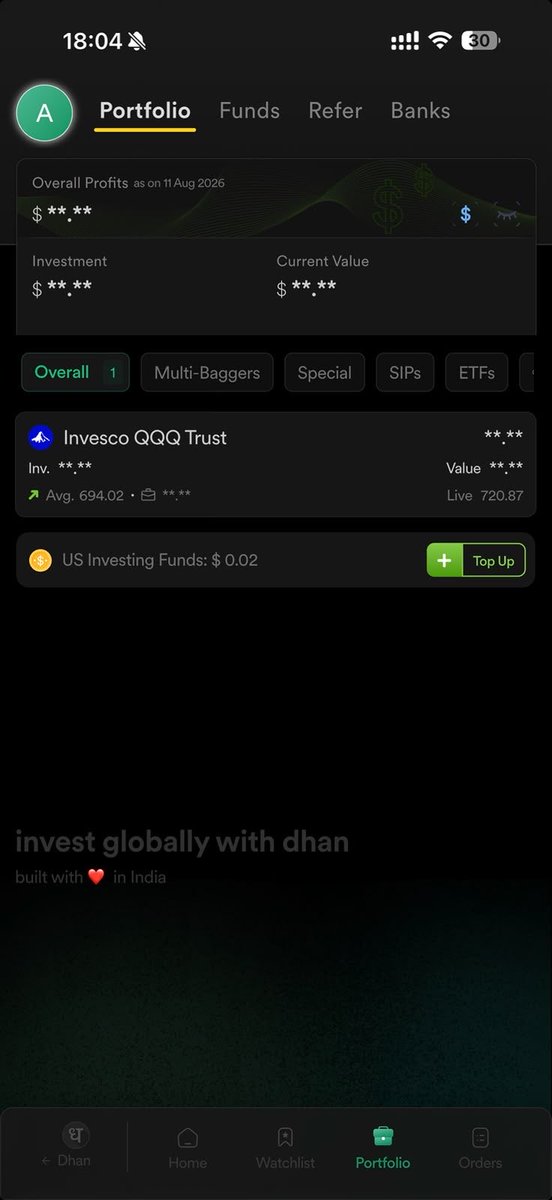 Akveq_'s tweet photo. It's funny that my US watchlist is growing faster than my US portfolio. Every month, I’d track the same companies, wait for the “right price” and end up doing nothing. 

So I finally started a monthly US Stocks SIP on @DhanHQ My Indian equity portfolio was already there, so having both in one app is always better. I began with a small dollar amount in companies I had already researched and let consistency take over. 

And mind you, this wasn’t FOMO. I still follow earnings. I still check valuations. I still rethink a stock when its fundamentals change. 

The SIP has always saved me from one bad habit: waiting forever for the perfect entry. 

Start early and take benefit of fractional investing.