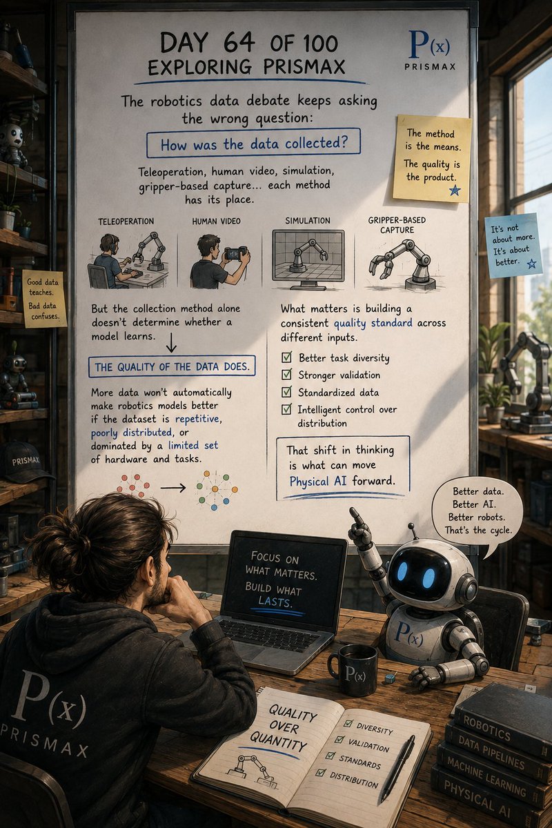 zyrex2608's tweet photo. Day 64 of 100 exploring @PrismaXai 🤖

After these days the more I learn about robotics data the less I care about where it came from.

Teleop, videos, simulations, grippers... I used to think one of these had to be the right way to collect data. But Now I am not so sure.

Each method has its own strengths. What matters more is what you actually end up with.

If the data is repetitive, messy, badly labeled or mostly coming from the same robot doing the same few tasks having a huge dataset does not magically fix it.

You just have a huge dataset with the same problems. That is why the quality side of PrismaX keeps catching my attention.

Different ways of collecting data can work together, but there still needs to be a common bar for what gets accepted.

Good tasks.
Useful variation.
Consistent data.
Proper validation.

Basically do not just collect more. Know what you are collecting and why. That is probably one of the biggest things I have learned from this journey so far.

Day 64 complete.

36 days left. And I am slowly realizing that building Physical AI is not only about teaching robots more . It is about teaching them the right things.

@vivianrobotics @shayebackus