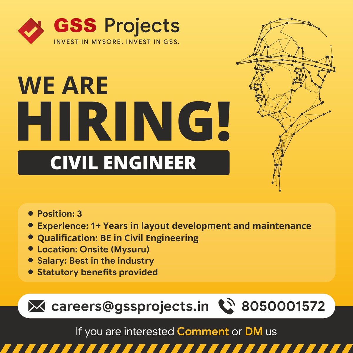 ProjectsGSS's tweet photo. 🚧 We’re Hiring – Civil Engineer!

GSS Projects is looking for 3 talented Civil Engineers to join our team in Mysuru.

📍 Location: Onsite, Mysuru
📧 careers@gssprojects.in
📞 8050001572

#Hiring #CivilEngineer #CivilEngineeringJobs #JobOpening #MysuruJobs #MysoreJobs https://t.co/vhMa9jkfHk