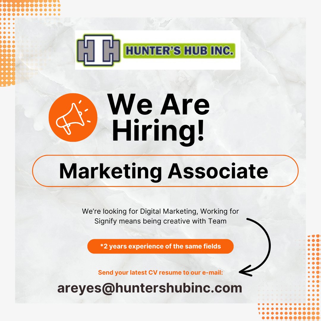 HuntersHubbInc's tweet photo. 🚀 We’re Hiring! Join Hunters Hub Inc. as a Marketing Associate and turn your creativity into impact! If you have the skills and experience, we’d love to hear from you. 📩

#WeAreHiring #MarketingAssociate #MarketingJobs #HiringPH #JobOpening #HuntersHubInc #DigitalMarketing https://t.co/YDqPTfiPCu