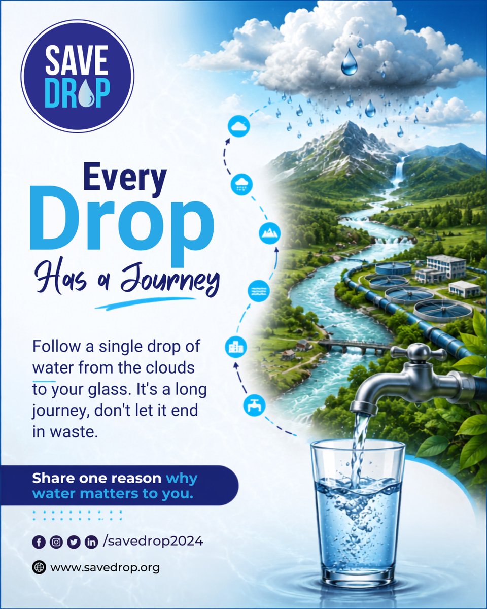 SaveDrop2024's tweet photo. 💧 Every Drop Has a Journey.

From the clouds to your glass, every drop travels a long way. Let’s value water and keep it from going to waste.

Save water. Respect every drop. 💙

#SaveDrop #EveryDropMatters #SaveWater #WaterConservation #WaterIsLife #Sustainability https://t.co/b02GGe3Fdf