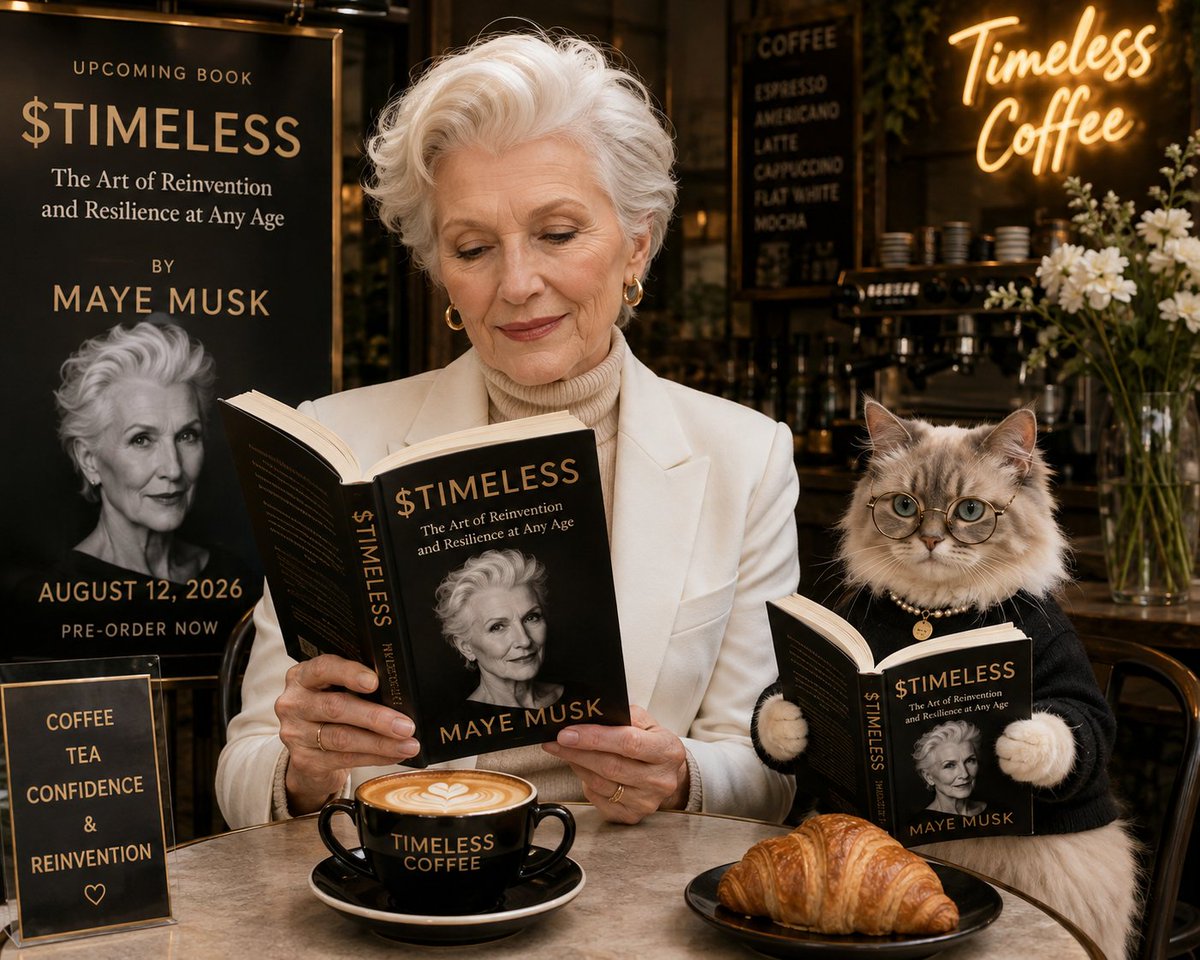 timeless_on_sol's tweet photo. 29 days to go…. 

In a quiet café, Maye Musk turns a page while her little companion watches closely.

$TIMELESS is more than a book, it’s a reminder that reinvention has no expiration date. A story of resilience, confidence, and the courage to begin again, at any age.

Some stories are read once.
Some become part of you.

$TIMELESS …. the next chapter is almost here.