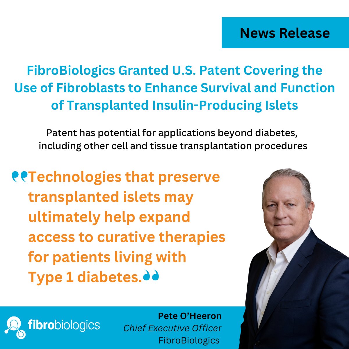 FibroBiologics's tweet photo. .@FibroBiologics announced that the @USPTO has issued a U.S. patent covering the use of fibroblasts to improve the engraftment and long-term function of transplanted insulin-producing islets, with potential applications beyond diabetes. 

Read the full news release: https://t.co/5WI9l5vwTu 

$FBLG #Type1Diabetes #CellTherapy #RegenerativeMedicine #Patent