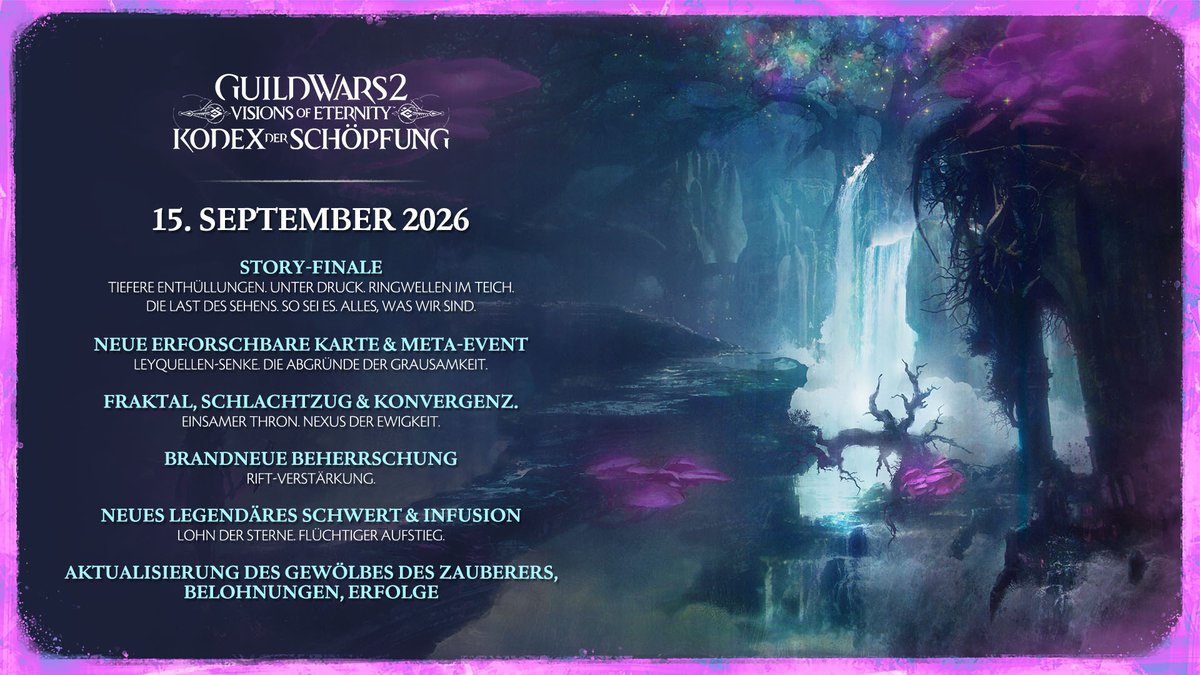 GuildWars2_DE's tweet photo. Die Reise geht weiter.
Guild Wars 2: Visions of Eternity: Kodex der Schöpfung erscheint am 15. September.

Seid ihr bereit? https://t.co/rAFXoUYkgT