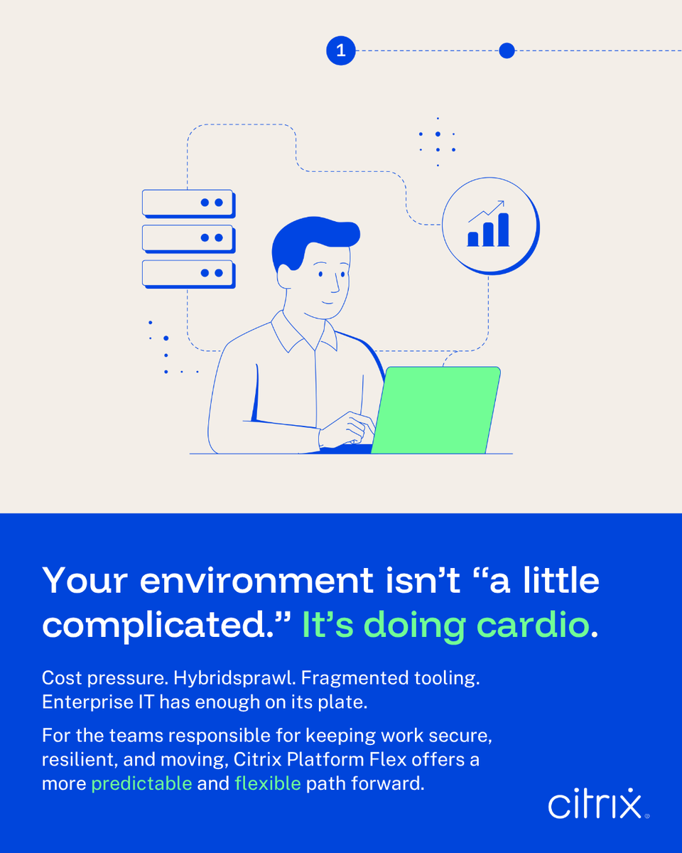 citrix's tweet photo. Not every employee works the same. Your IT shouldn't either.

#Citrix Platform Flex uses persona-based computing to match the right workspace to right worker. Now with Experience Insights Flex and SecurSpaces Flex.™

Explore more: https://t.co/oef5yvGJ3R https://t.co/RDUQoAghJh