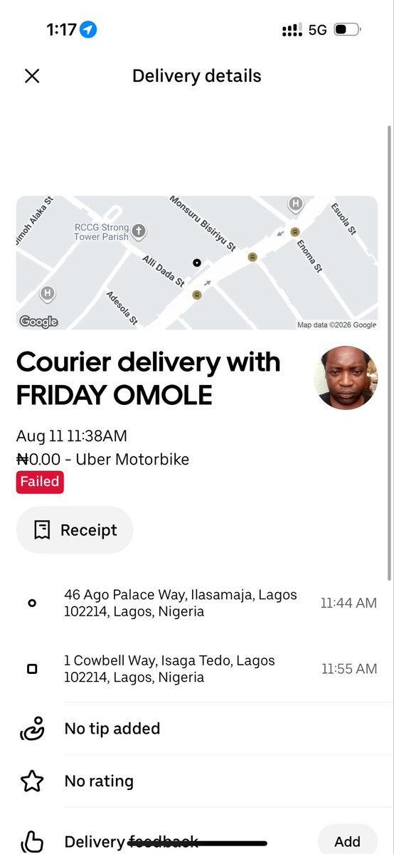 Deeola15's tweet photo. @Uber I  dispatched a food order through your app this morning from Ago Palace to Cowbell Way a trip that usually takes under 20 minutes. I even set up the delivery PIN to ensure everything was secured.Your rider canceled the order after picking it up and never delivered it. https://t.co/AspYPItGFM