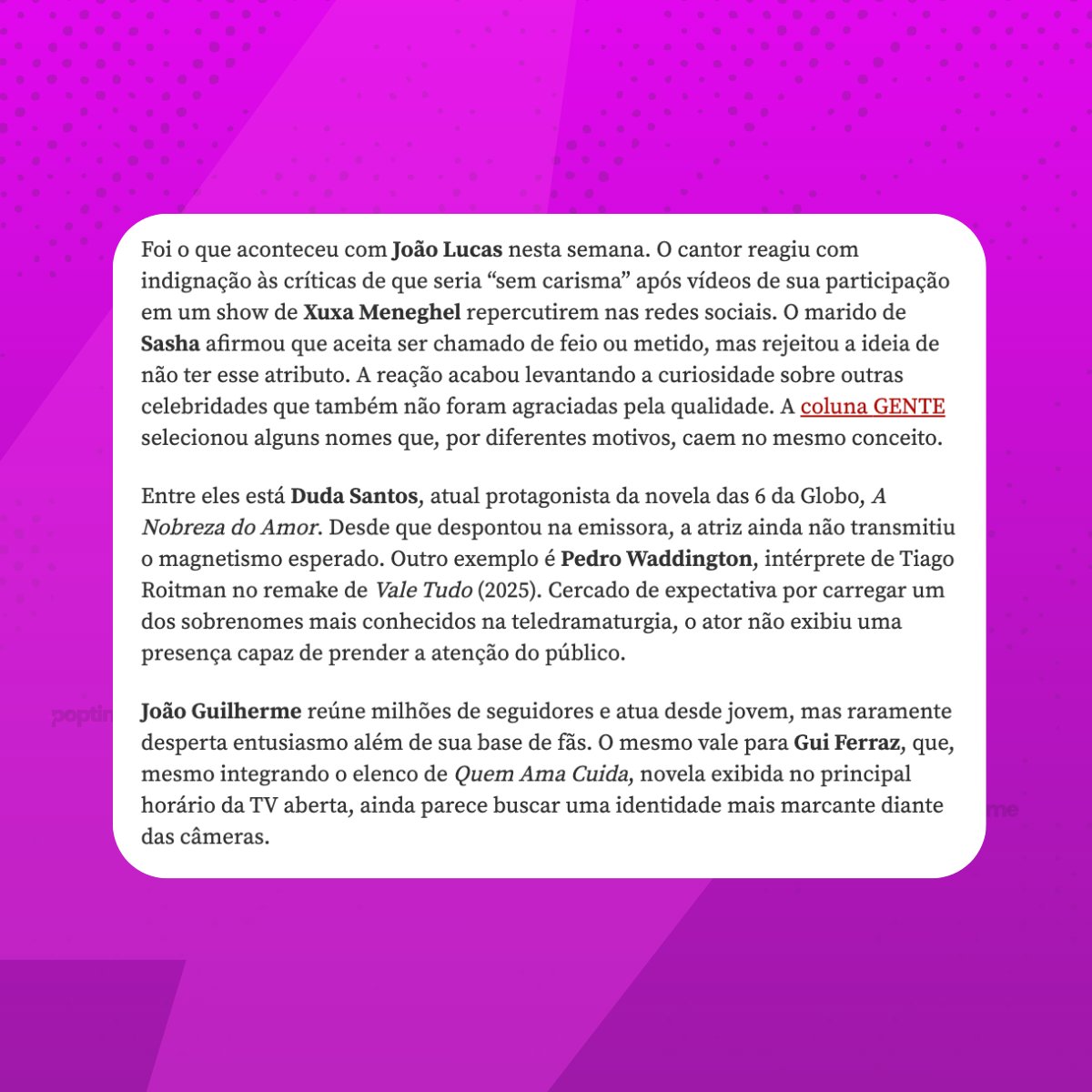 poptime's tweet photo. O cantor e marido de Sasha, João Lucas, foi eleito a pessoa mais sem carisma pela revista VEJA.

1 - João Lucas
2 - Duda Santos
3 - Pedro Waddington
4 - João Guilherme
5 - Gui Ferraz
6 - Bianca Bin
7 - Fiuk
8 - Yanna Lavigne
9 - Rafa Kalimann
10 - Jade Picon https://t.co/Ytl0GZnlqp