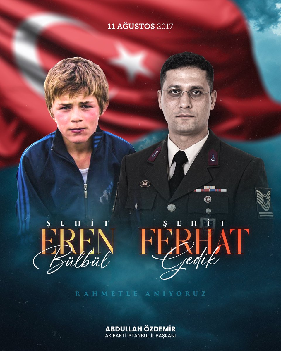 abdullahozdemir's tweet photo. Şehadetlerinin yıl dönümünde; Eren Bülbül kardeşimiz ile Jandarma Astsubay Kıdemli Başçavuş Ferhat Gedik’i, saygı ve rahmetle anıyoruz. Manevi şahıslarına hürmeten, tüm aziz şühedaya minnetlerimizi sunuyoruz.🇹🇷 https://t.co/PecAXuHXmX