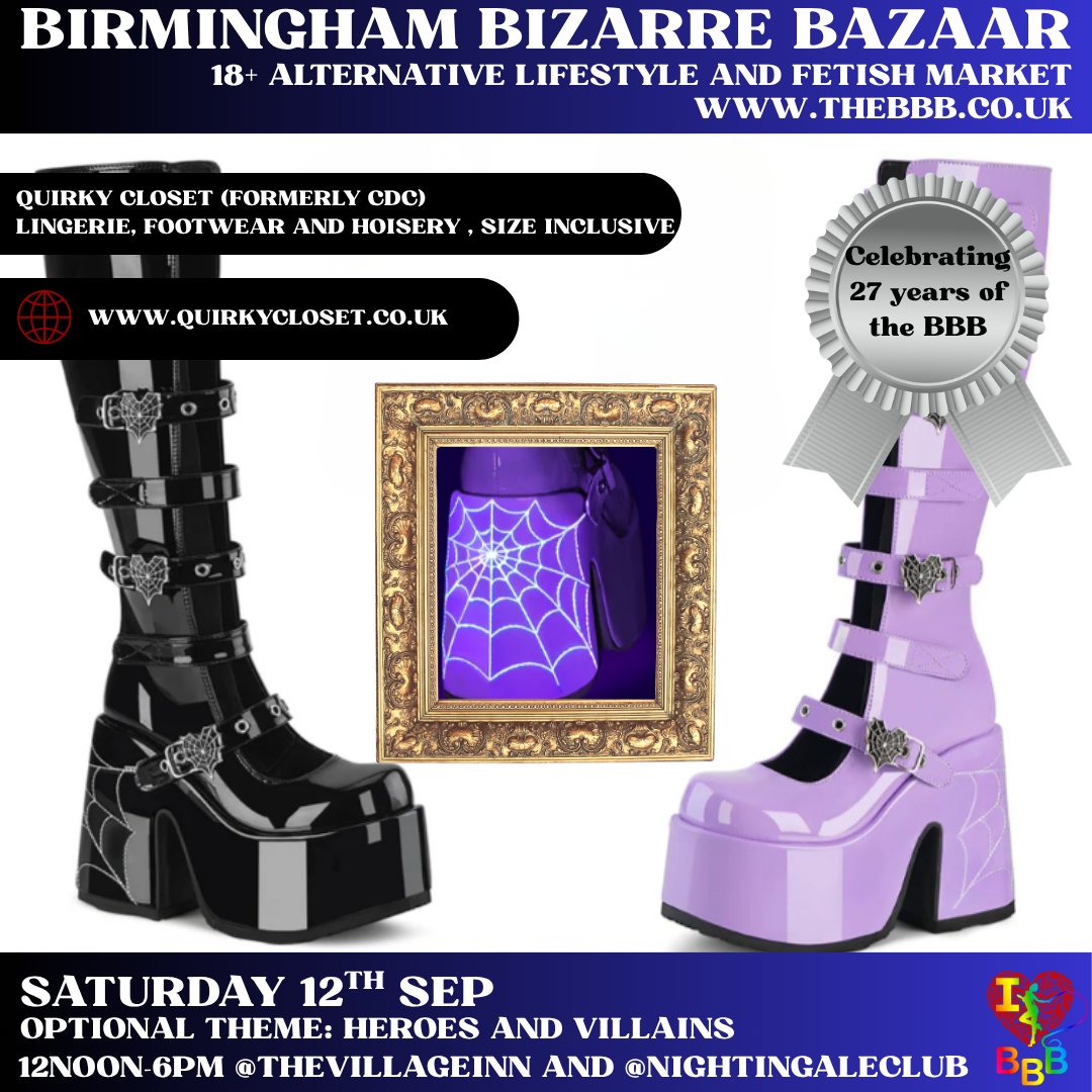 BBBAltFetBazaar's tweet photo. 🖤 September's BBB celebrates 27 YEARS of Birmingham Bizarre Bazaar! Featuring QuirkyCloset
Heroes &amp; Villains • 18+ Fetish &amp; Alternative Market
🗓 Sat 12 Sept | 12–6PM
📍 Village Inn &amp; Nightingale Club, Birmingham
https://t.co/LV63CYapY7
#BBB27  #AltBrum #BrumEvents https://t.co/hoF5wme70Q