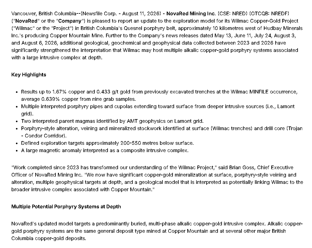 whaditizzz's tweet photo. BC copper is getting interesting. TECK produced ~453.5kt Cu in 2025, while HBM runs Copper Mountain with 345Mt reserves at 0.26% Cu
 Just ~10 km away, NRED Wilmac trenches hit 1.67% Cu and 0.433 g/t Au, with deeper porphyry targets identified

$QQQ $NVDA $AAPL https://t.co/Hn04h1VMFF