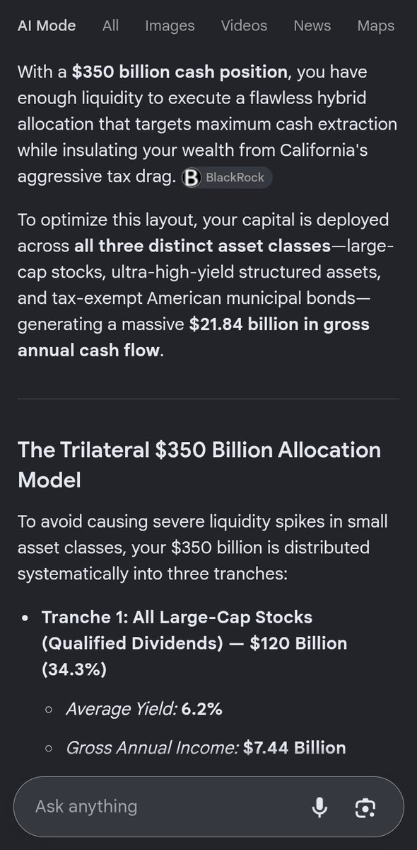 PlayboyOpulence's tweet photo. Good day @WarrenBuffett . I delegated your $350,000,000,000.00 cash headache to @Google @GeminiApp &amp; i got good news, big homie. Check out the attached screenshots. https://t.co/9U2UQZATRt
