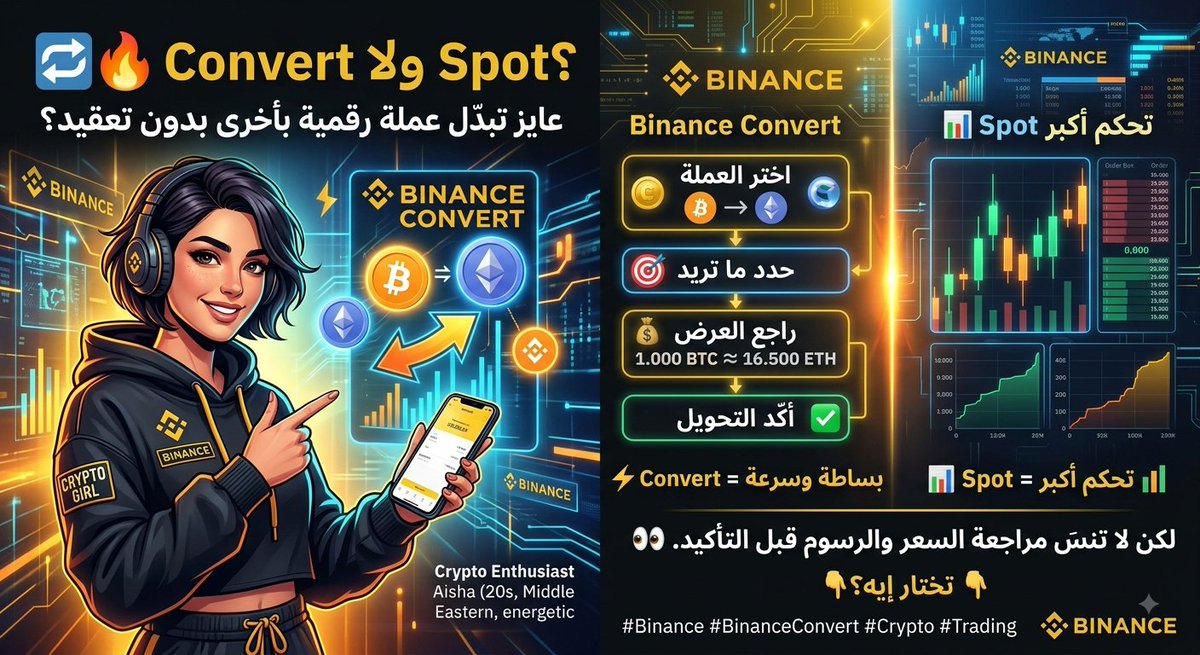 IndianlakegolfC's tweet photo. 🔄🔥 Convert ولا Spot؟
عايز تبدّل عملة رقمية بأخرى بدون تعقيد؟

مع Binance Convert:
🪙 اختر العملة
🎯 حدد ما تريد
💰 راجع العرض
✅ أكّد التحويل

⚡ Convert = بساطة وسرعة
📊 Spot = تحكم أكبر
لكن لا تنسَ مراجعة السعر والرسوم قبل التأكيد. 👀
#Binance #BinanceConvert #Crypto #Trading https://t.co/uCNzGKYwgX