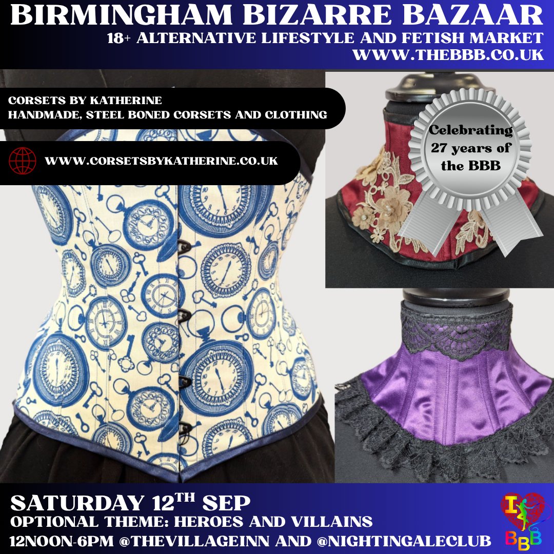 BBBAltFetBazaar's tweet photo. 🖤 September's BBB celebrates 27 YEARS of Birmingham Bizarre Bazaar! Featuring CorsetsByKatherine
Heroes &amp; Villains • 18+ Fetish &amp; Alternative Market
🗓 Sat 12 Sept | 12–6PM
📍 Village Inn &amp; Nightingale Club, Birmingham
https://t.co/LV63CYapY7
#BBB27  #AltBrum #BrumEvents https://t.co/uMZtLRICYj