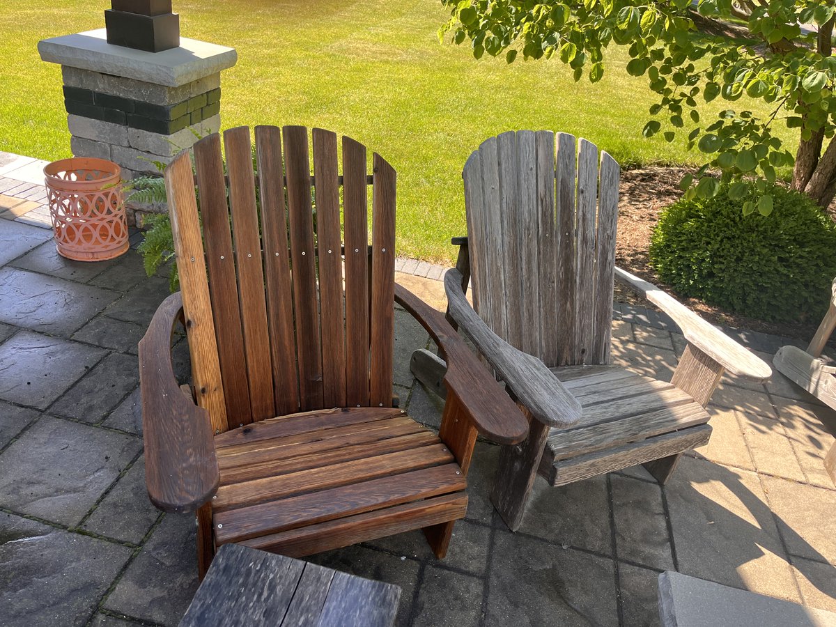 martines_bob's tweet photo. Scrub, fix busted pieces, condition, sand, two coats of stain, and ten hours later, you get the chair on the left. One down, seven more to go. https://t.co/Pum7BApewh