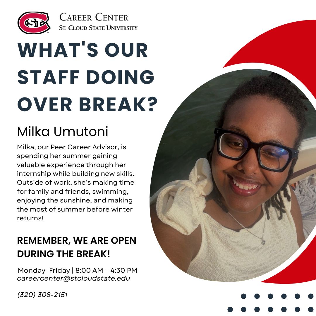 SCSUCareer's tweet photo. A little work, a little fun, and plenty of memories along the way. ☀️
For Milka, this summer has been a mix of learning through new experiences and spending meaningful time with the people who matter most.
#SCSU #CareerCenter #BehindTheScenes #Huskies https://t.co/y7RcNfIUXm