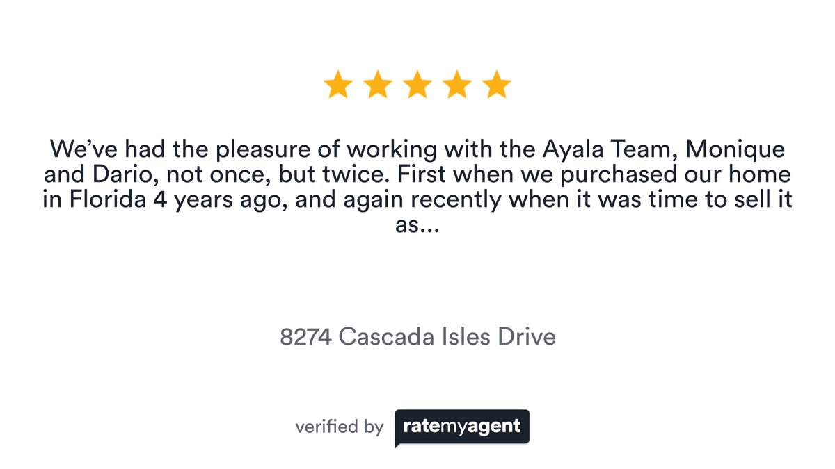 TheMrsAyala's tweet photo. My latest #RateMyAgent review in Cooper City.

https://t.co/R3MSEvqPMJ

...
#ratemyagent #realestate https://t.co/KZjZ3QycH8