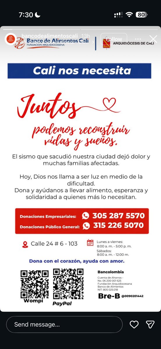 LauGamerCO's tweet photo. Buenos días, 

Información para las personas del EXTRANJERO🚨 el Banco de Alimentos de Cali tiene un QR para donaciones por PayPal:

👉🏻También link de Wompi (pasarela de pagos colombiana) https://t.co/pWq2N1ceRi https://t.co/0rrZxqIGkf