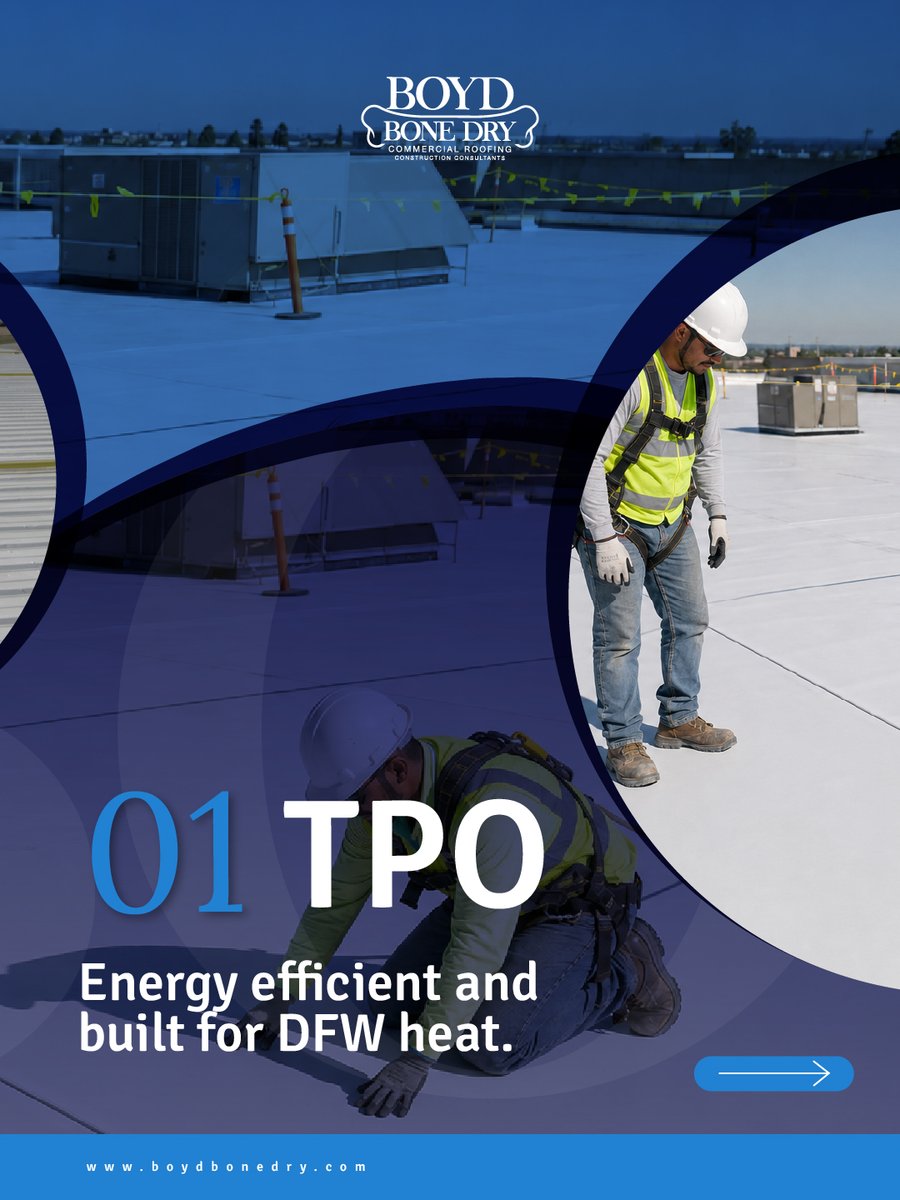 BoydBoneDry's tweet photo. TPO. Metal. Modified bitumen. Every roof type needs its own game plan. 🏗️

Boyd Bone Dry has installed and maintained them all across DFW for 50+ years.

Find out what your building needs at https://t.co/pJtqmgvwEf

#ConstructionConsulting #BoydBoneDry #FortWorth #Dallas #DFW https://t.co/UPoCGj8yOU