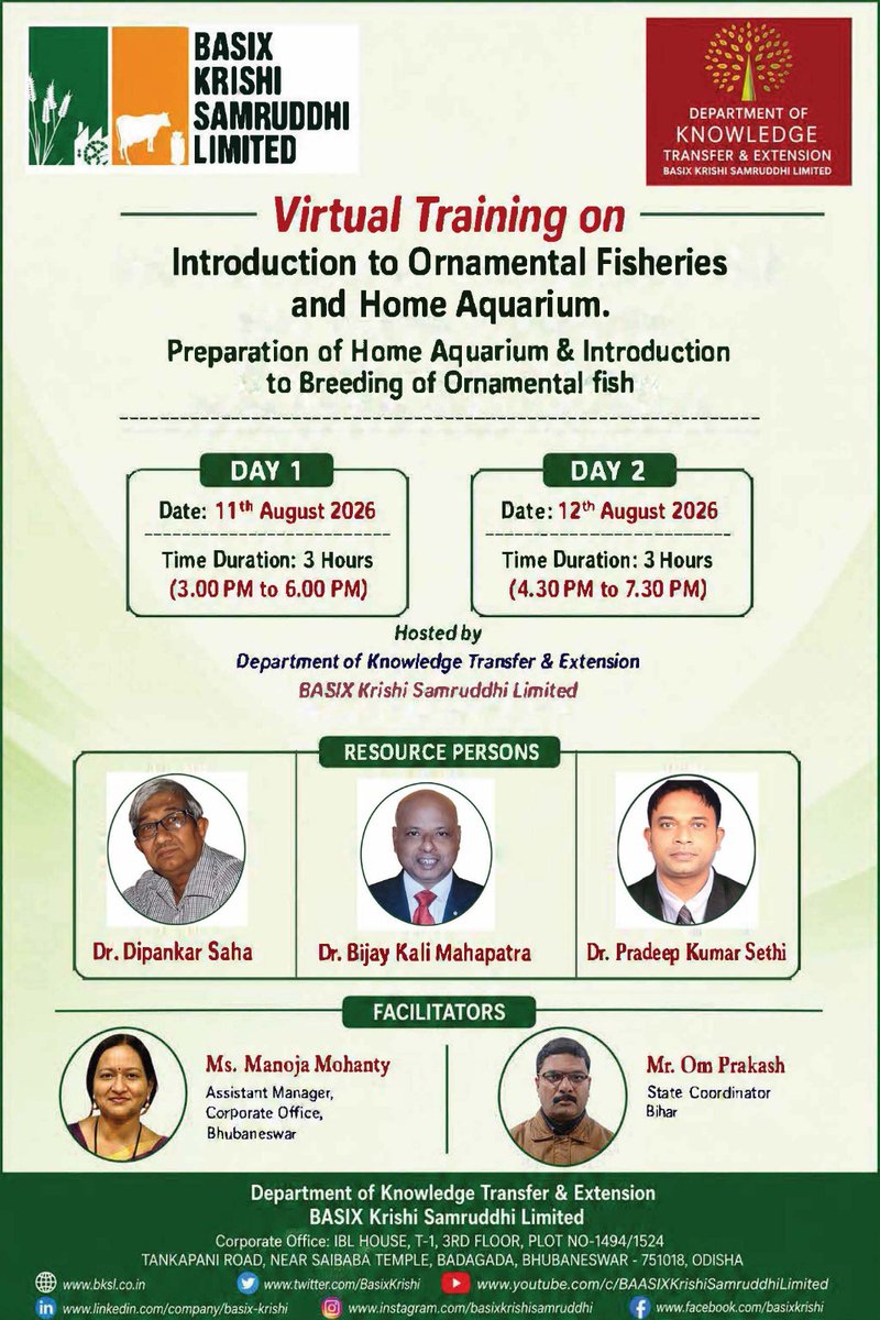 BasixKrishi's tweet photo. Two days virtual training scheduled by @BasixKrishi from 11–12 August 2026 on “Introduction to Ornamental Fisheries &amp; Home Aquarium.” Day one focused on ornamental fish culture, aquarium management and emerging opportunities in the sector. @FisheriesGoI @nfdbindia https://t.co/QVEz9qiRYb