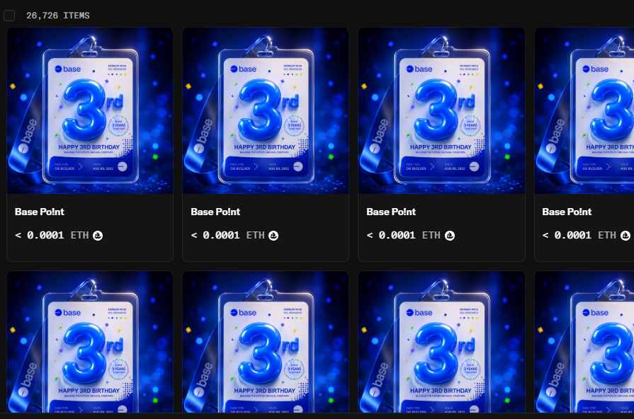 detoethspider's tweet photo. Base 3rd birthday nft has already reached 26K/66K mints, with over 14K unique owners. The total supply has also been reduced from its original launch allocation.

🥳mint base point: https://t.co/RCL7GQglzW https://t.co/fy2ZZhizRR