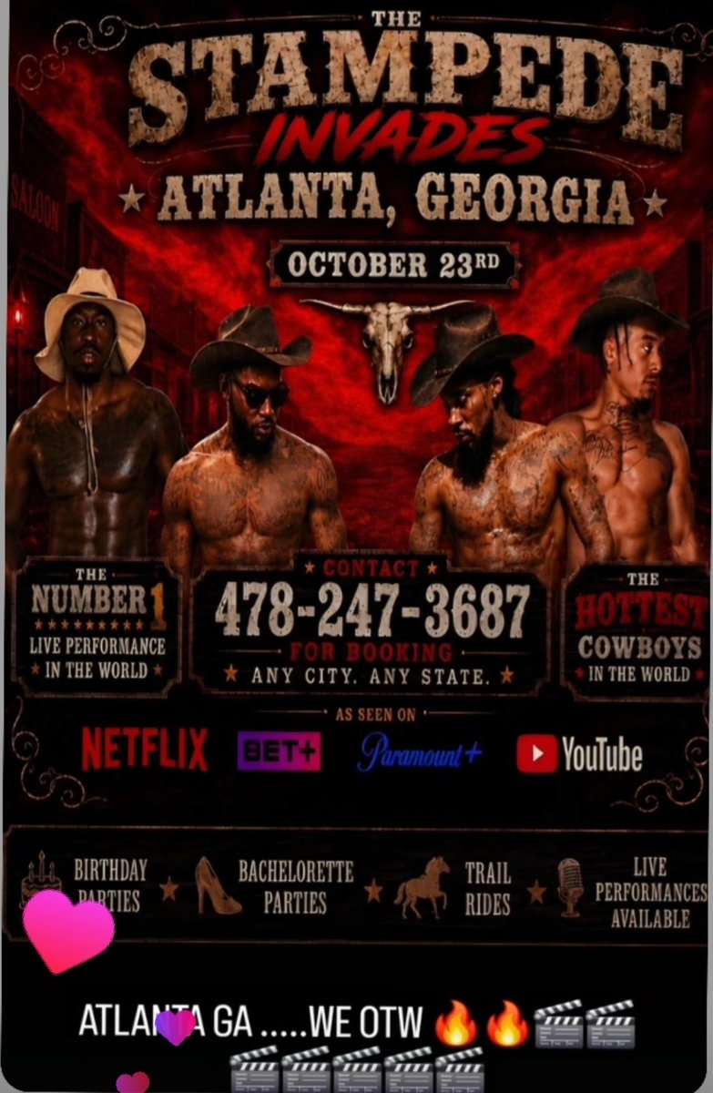 da_obsession's tweet photo. ATLANTA, GEORGIA… THE STAMPEDE IS COMING! 🔥🤠
October 23RD — get ready for a night you WON’T forget! 😈🔥
Featuring: 🐎 Mr. Ceo 🐎 Obsession 🐎 Swaggy P 🐎 Sensation
💃🏽 BACHELORETTE PARTIES | 🎂 BIRTHDAYS | 🤠 TRAIL RIDES | 🔥 LIVE PERFORMANCES
Ladies, this is YOUR night! 👀🔥 https://t.co/umyo8KfHBu
