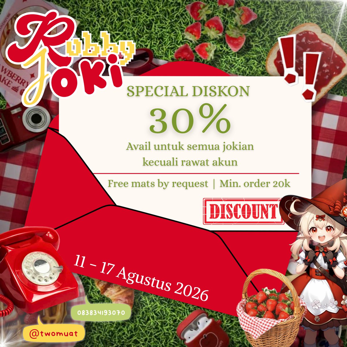 twomuat's tweet photo. [ RT &amp; LIKE ARE VERY APPRECIATED <3 ]

🍅 RUBBY'S 30% OFF IS HEREE!!

Haloo travellers~ 👋🏻💗
Rubby lagi punya special discount 30% OFF, max. 25k nihh ><
Jangan biarin quest numpuk terlalu lamaa, mending titipin ke Rubby ajaa 🫵🏻😼

Jangan sampai kehabisann, see youu! 🍅♡ https://t.co/GZ7ATyphdk