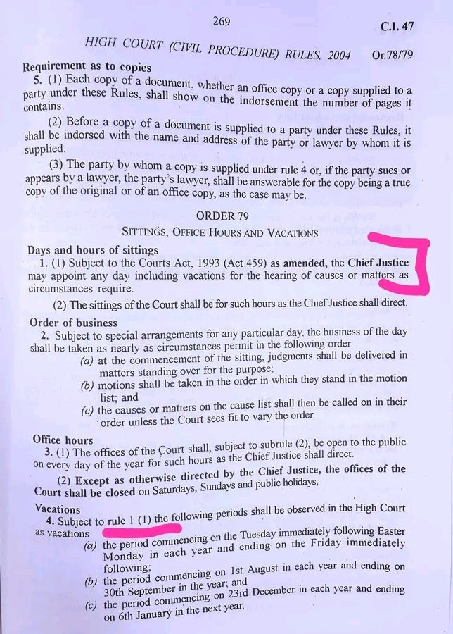 KwameSah85545's tweet photo. Deputy AG, Justice Sai write:
Below is the law on legal vacations. It does not say that courts are to shut down. As you may see from Rule 4 below, the legal vacation schedule is, by Rule 1(1), subject to the CJ’s decision to give warrants to a judge to work during the vacation.

Now, those seeking to rely on an alleged convention, there are two things we know about what may constitute a convention:

1. The existence of a convention is a question of fact which must be established by evidence of two things (a) consistent practice, AND (b) opinion juris - that is, the uniform opinion that the practice is binding as law rather than a preference or convenience. 

The practice, as we know it, doesn’t support the existence of such an alleged convention. CJs have consistently, throughout the ages, given vacation warrants to judges who have conducted trials. 

2. ⁠An alleged convention cannot operate to override an express provision of law. The express provision of law on the matter is Order 79 of CI 47. No law or practice gives a lawyer or our associations the power to determine whether court proceedings should go on. 

Da yie.
