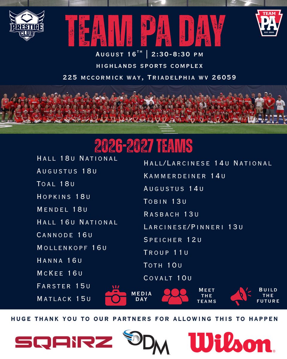 teampafastpitch's tweet photo. We are so excited for our Team PA Day this Sunday at the Highlands Sports Complex!! We welcome the 2026/2027 season and cannot wait to get started!

Excited to have Wilson, ODM and Sqairz with us on Sunday! 💪

A lot of fun to be had by all our Team PA players❤️🤍💙

#teampaproud https://t.co/zvgSTuUjU2