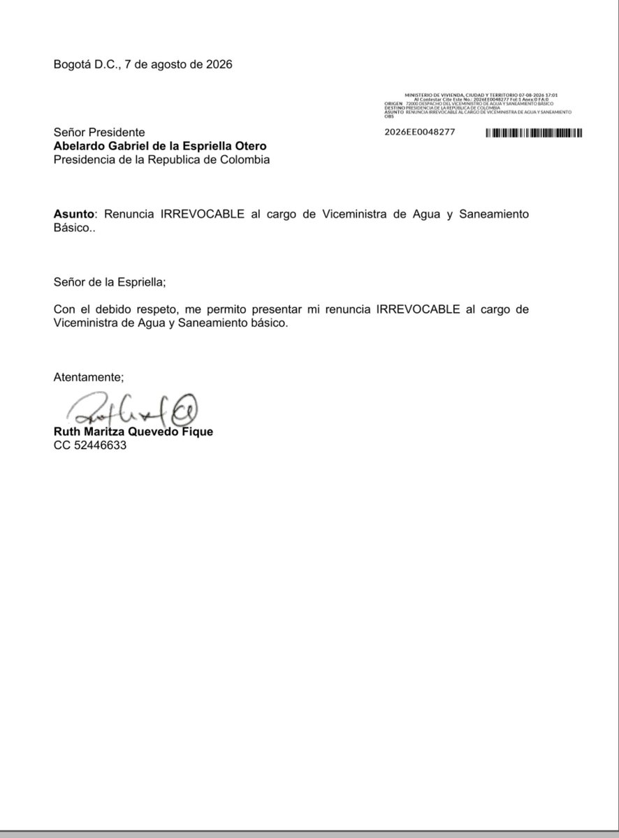 RuthQuevedoF's tweet photo. Comunico a la opinión pública que desde el 7 de Agosto de 2026 radiqué formalmente mi renuncia al cargo de Viceministra de Agua y Saneamiento Básico.

Estando a la espera de la definición sobre mi situacion administrativa, el dia de ayer en cumplimiento de mis competencias y compromiso institucional he hecho seguimiento y enviado a sala de crisis de la @ungr los reportes sobre el estado de continuidad en la prestación del servicio de acueducto en los municipios afectados por el terremoto.  

Solicito de manera respetuosa al Dr. @soyjaimeandres considerar esta información para lo que corresponda en el marco de las competencias del @Minvivienda, y estaré a disposición para colaborar en lo que la necesidad del servicio demande .

Seguire trabajando en pro de las víctimas con respeto y seriedad.