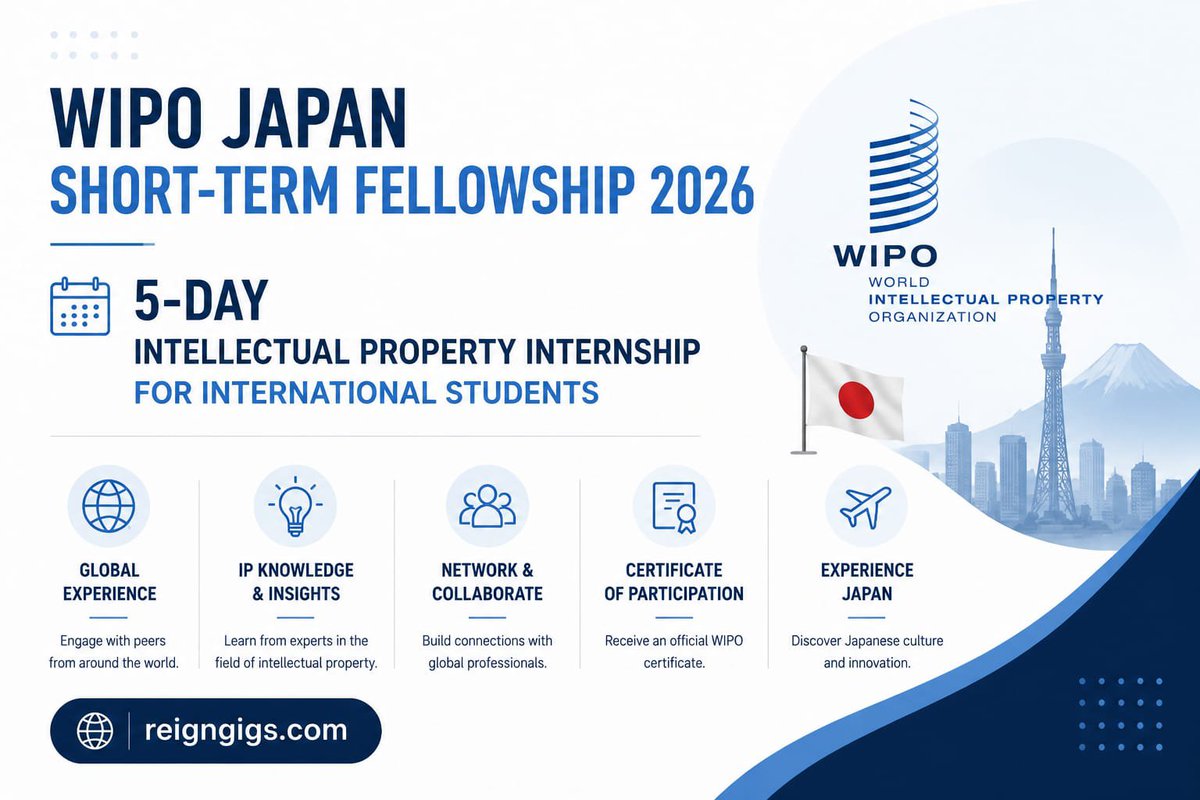 JessinaNest's tweet photo. Gain international IP experience with WIPO’s 5-day Japan fellowship opportunity.
https://t.co/LLa3FJzwmy
#WIPO #Fellowship #Internship #IntellectualProperty #Japan https://t.co/6621xiWx2A