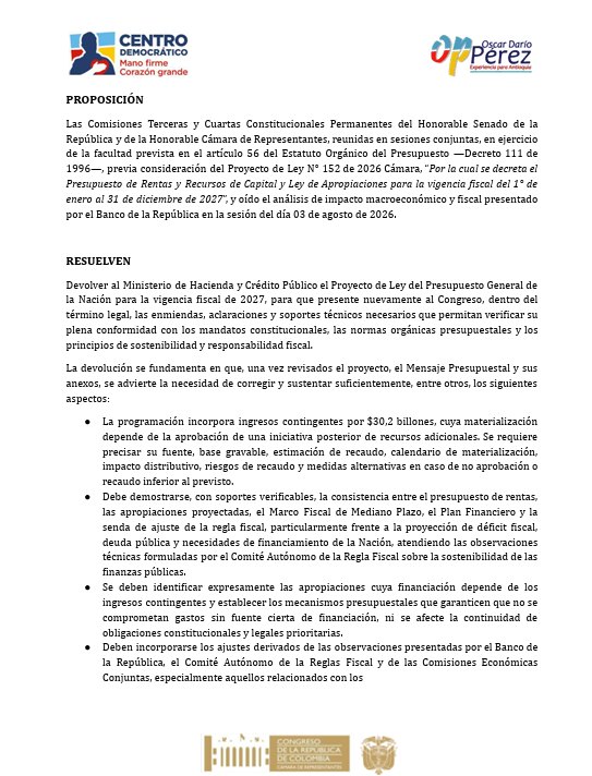 BluRadioCo's tweet photo. #EnDesarrollo Esta es la proposición presentada por la bancada del Centro Democrático, que será discutida hoy en las comisiones económicas conjuntas, para pedir que se devuelva el proyecto de Presupuesto General de la Nación para el año 2027, presentado por el anterior gobierno de Gustavo Petro. Este hecho solo ha ocurrido en dos ocasiones, durante los gobiernos de Ernesto Samper (1995) y Álvaro Uribe Vélez (2003). #VocesySonidos