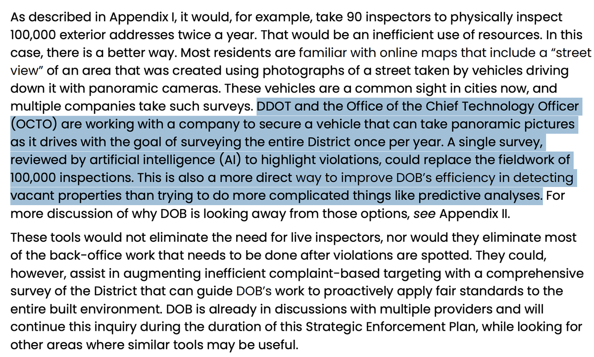 maustermuhle's tweet photo. The D.C. Department of Buildings says it's going to contract with a company to drive around D.C. photographing the exterior of all properties (like the Google Street View cars) and then use AI to determine which ones are vacant or have other exterior housing violations. https://t.co/w2opYUsqKc