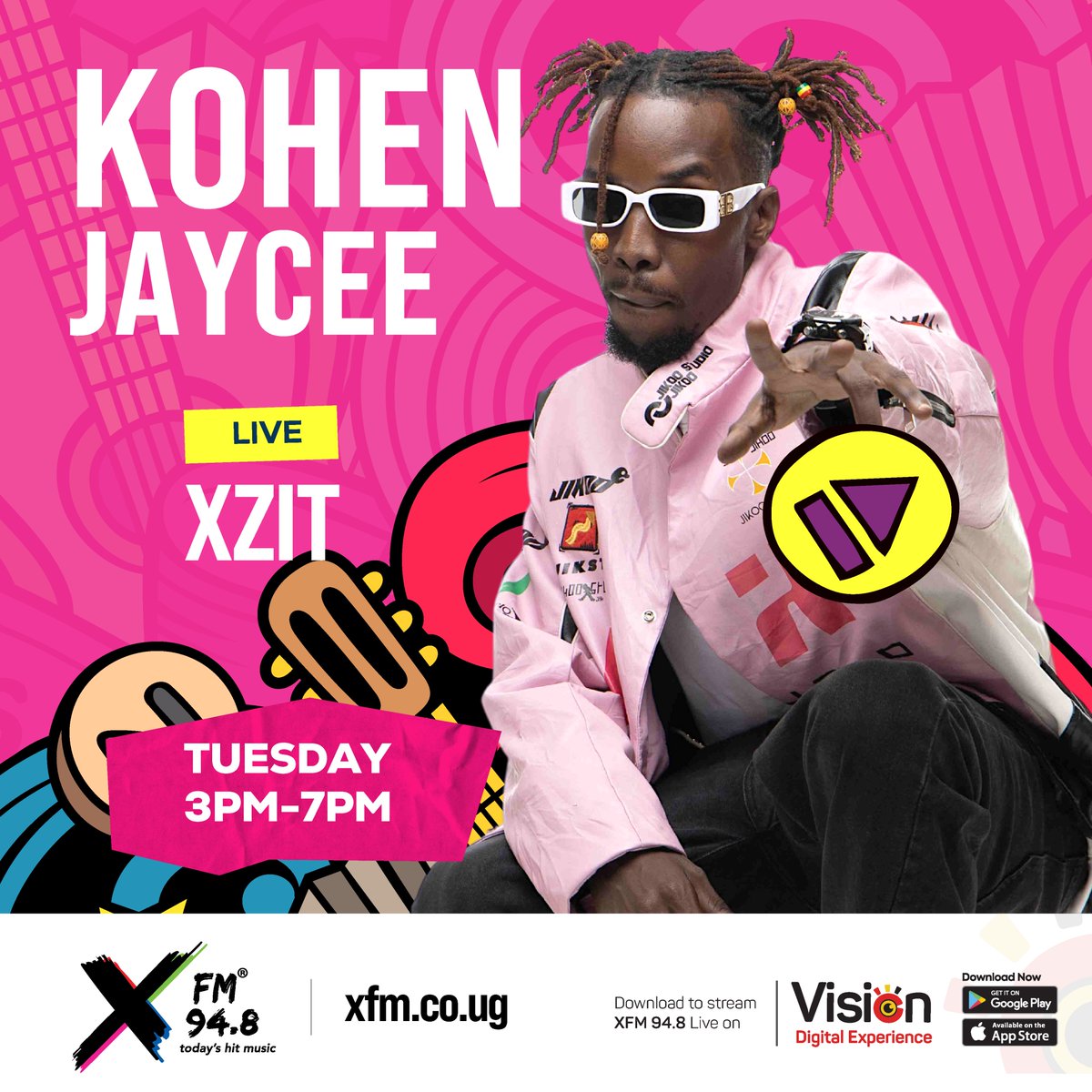 XfmUG's tweet photo. .@KohenJaycee is gonna be live on #XZIT today with @DenzelUG with your favorite evening vibes &amp; talking music on 94.8 XFM.

#FreshX https://t.co/XkhTNCpNwl
