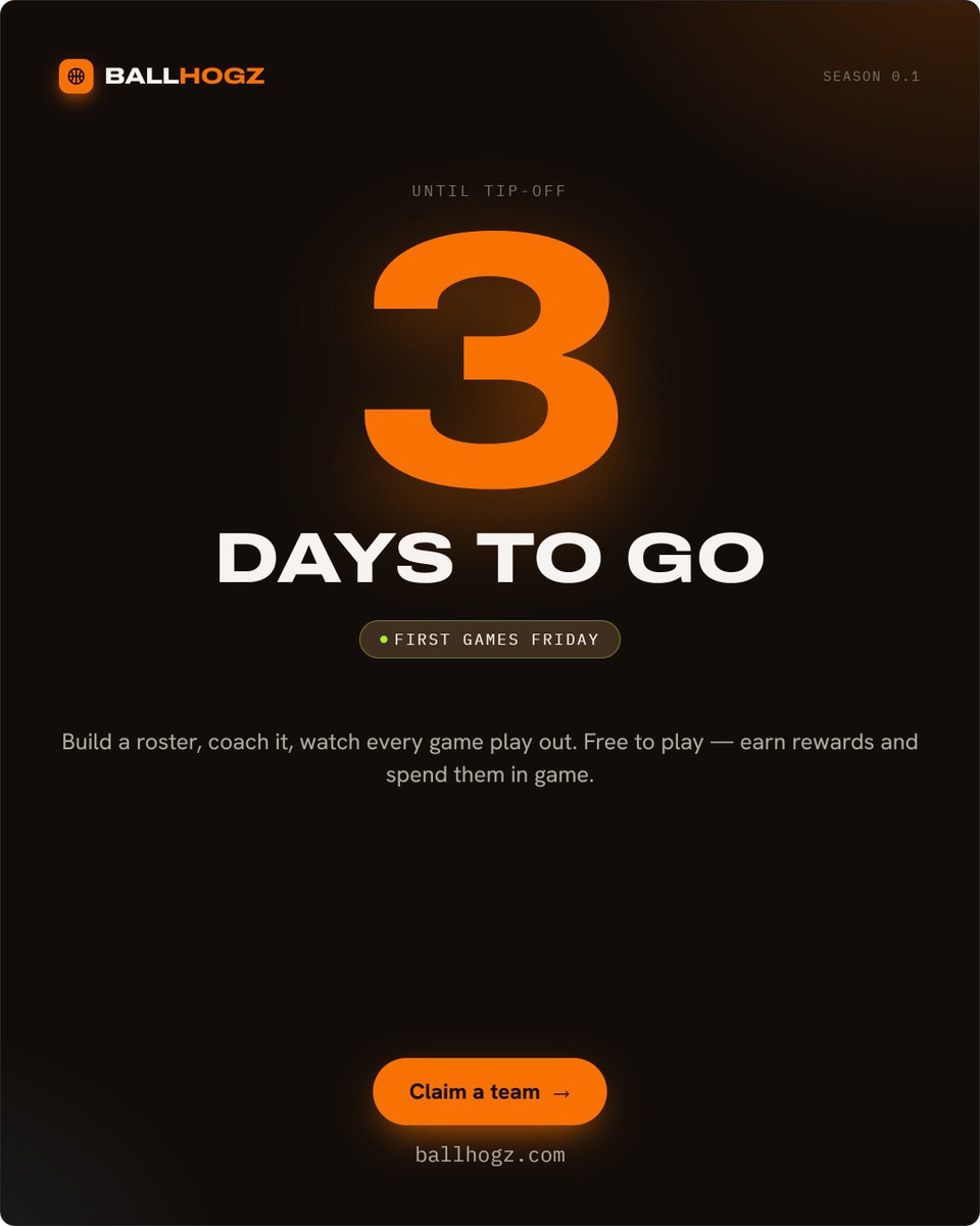 BallhogzApp's tweet photo. 3 days until Season 0.1 tips off.  Free to play. Draft a roster, coach it, watch every game play out possession by possession — and earn rewards to spend in game.  Rosters set before Friday play Week 1: https://t.co/yeMpavVOmR https://t.co/JxwNMmFSHK