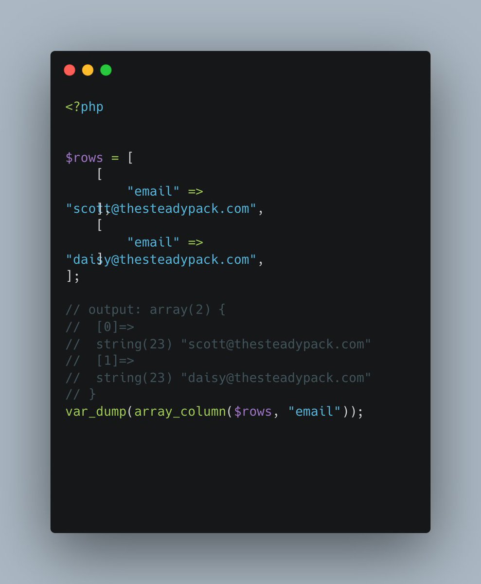scottkeckwarren's tweet photo. I still see people reach for a `foreach` loop to pull one column out of an array of arrays. `array_column($rows, 'email')` does it in one line. Pass a third argument and it keys the result by another column too, so you get a lookup map with no loop at all.

#PHP #PHPDev #Laravel https://t.co/GvLpILbp8b