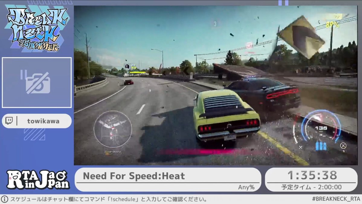 game_yarikomi's tweet photo. Need For Speed:Heat RTAまとめ #BREAKNECK_RTA #RTAinJapan
・違法レーサーと警察が火花を散らすレースゲームのAny%RTA
・「午年にちなんで馬モチーフの車で走ります」→選ばれたのはフォード
・「フェラーリだと思った人は頭がイタリア」
・1965年式マスタングにナイトロエンジン搭載
・走るのはほぼ違法レース
・警察を煽って経験値を稼ぐ
・「おいっす～」（警察車両に体当たり）
・タイムへの影響が一番大きいのは稼ぎ部分
・イベントだからかやる気を出す警察
・川越えジャンプで事故る警察車両に「ナイスセーヌ！」コメント殺到
・「左折禁止ですよ」（違法レース中）
・移動時間でマスタングの名前の由来を解説
・ファームスペシャル（掟破りの地元走り）
・ガソスタの給油機に突っ込んで車両をダイナミック修理
・「（他の車が）事故ってるな」→直後に対向車と正面衝突

走者・解説：鶏皮さん @JP_FriedChicken