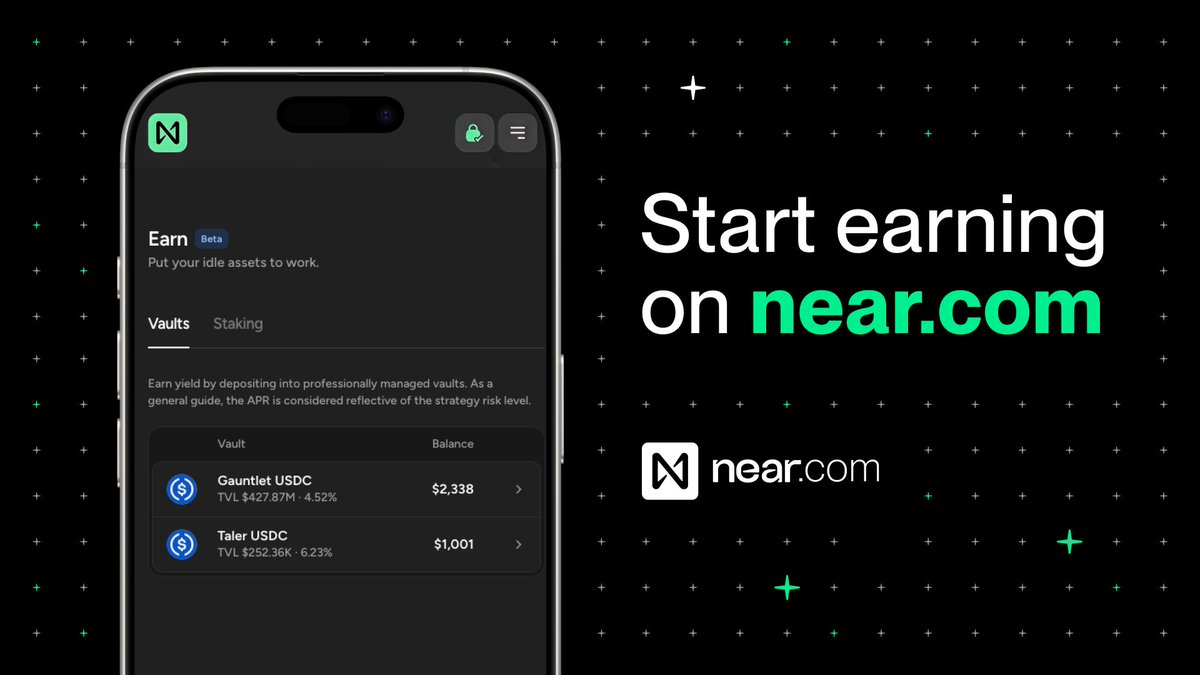 NEARProtocol's tweet photo. NEW https://t.co/VKjDqQwmrT LAUNCH

Your USDC can now earn yield confidentially with Earn vaults curated by @gauntlet_xyz and additional vaults curated by @628Labs on @talerfinance.

Your $USDC keeps working with you: swap it, send it, spend it. No withdrawing from the vault first.

Every https://t.co/1n0j8823BT launch means one less thing you need to do elsewhere.

Put your money to work today → https://t.co/1n0j8823BT