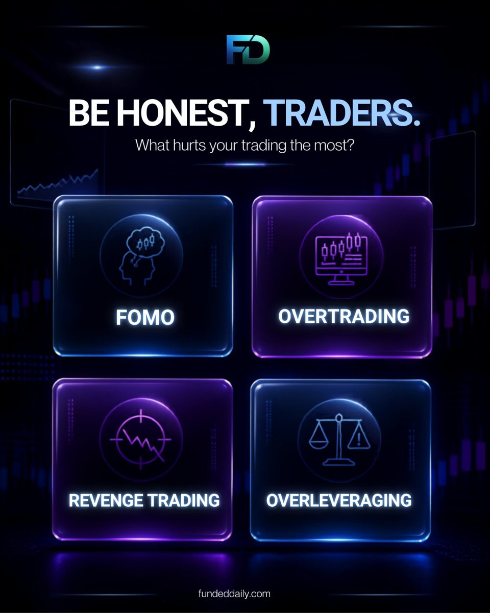 FundedDaily's tweet photo. Let’s be real, trading can test you sometimes. 

You have your strategy, you know the plan… and then one bad trade turns into another.

Which one do you struggle with the most?

• FOMO
• Overtrading
• Revenge trading
• Overleveraging

No judgment here. We’ve all had those days. 

Drop yours below — FOMO, overtrading, revenge, or leverage? 👇🏻