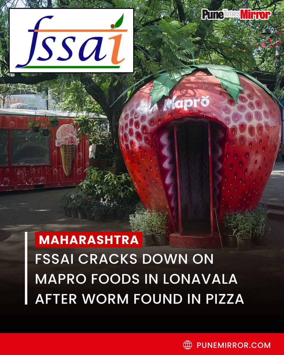 ThePuneMirror's tweet photo. The Food Safety and Standards Authority of India (FSSAI) has initiated strict action against Mapro Foods Pvt. Ltd. at Lonavala's famous Mapro Garden following a viral video showing worms in a pizza served to customers. A surprise inspection by FSSAI's Western Region officials revealed severe violations of hygiene and sanitary standards prescribed under Schedule 4 of the Food Safety and Standards Act, 2006. Authorities issued a formal notice to the establishment and initiated penalty proceedings, reassuring tourists and addressing public outrage over food safety standards at popular dining destinations.

#Lonavala #MaproFoods #FSSAI #FoodSafety #MaproGarden