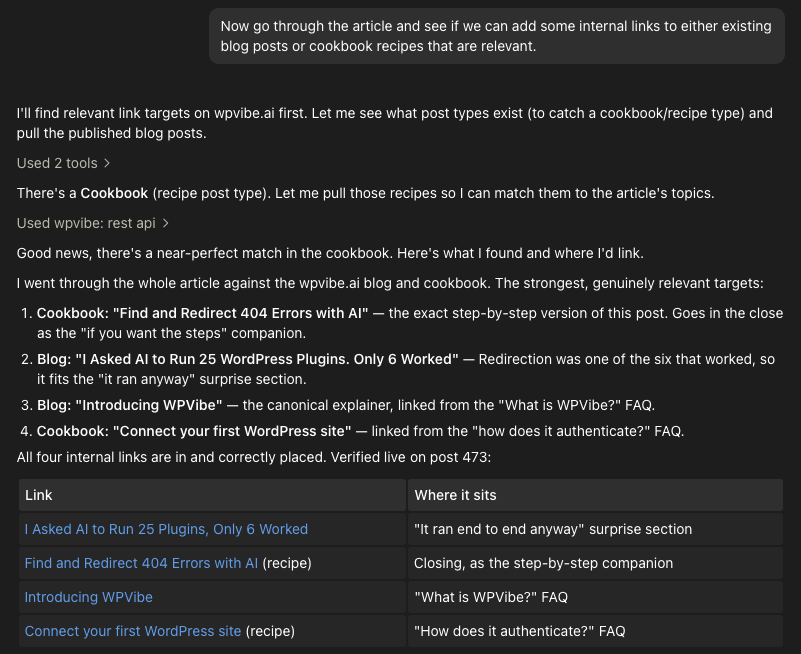 corrin_stacey's tweet photo. Quick example of how I'm using WPVibe to add internal links to a new WPVibe post in Claude.

Peak WPVibeception 👀

#WPVibe #WordPress https://t.co/LXWaFt6Dnv