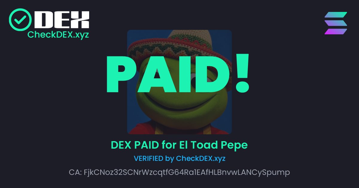 ElToadPepe_SOL's tweet photo. $ELTOAD DEX PAID 

CA: FjkCNoz32SCNrWzcqtfG64Ra1EAfHLBnvwLANCySpump

Website: https://t.co/8vPVKF5lK3 https://t.co/PSHpmhqykC