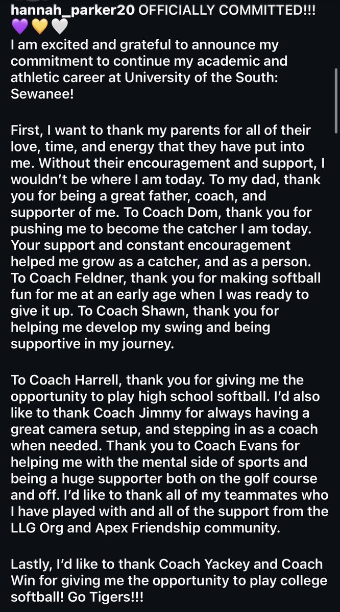 hannahparker08's tweet photo. COMMITTED! 💜💛🤍 @SoftballSewanee @Org_LLG @LLG_Dom @softballhype @RecruitMatador @GMsportsmedia1 @Gosset41  @SPORTSxEDITS @ccprospects23 @DfwSho https://t.co/KD9wb3i7pN