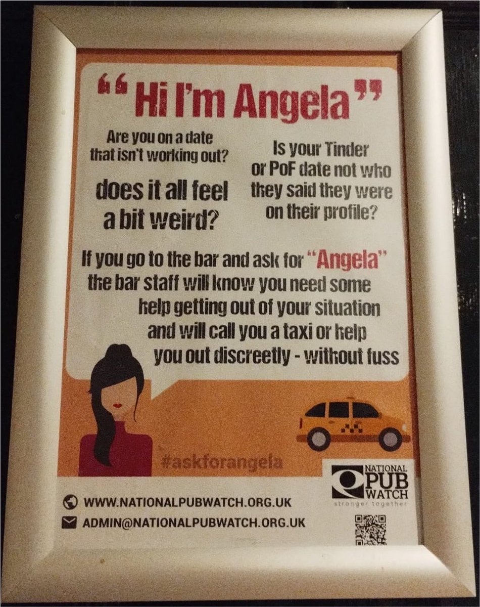 jlsantana's tweet photo. Visto por Niní en el baño de un pub de Londres.

“Hola soy Ángela”

¿Estás en una cita que no está funcionando?

¿Te da todo un feeling medio raro?

¿Tu cita de Tinder no es quien dijo que era en su perfil?

Si vas a la barra y preguntás por “Ángela”, el personal va a saber que necesitás ayuda para salir de tu situación y te va a llamar un taxi o a ayudarte discretamente y sin escándalo.
