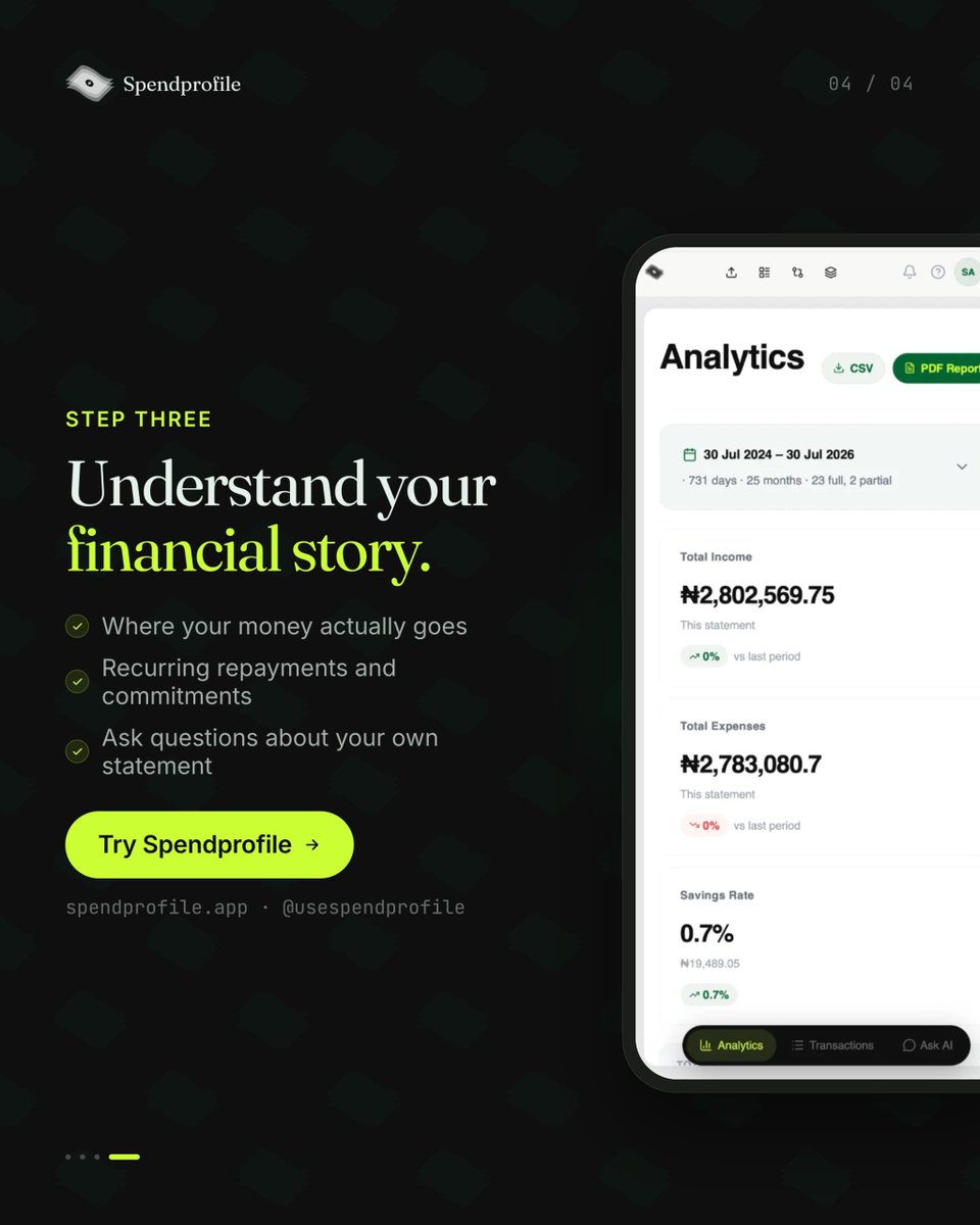 usespendprofile's tweet photo. Your bank statement holds more answers than you think.

Can you find them?

Spendprofile turns pages of transactions into clear financial intelligence in just 3 simple steps.

#spendprofile #financialliteracy #studyabroadnigeria #financehealth #visaapplication https://t.co/QX7HkOwncG