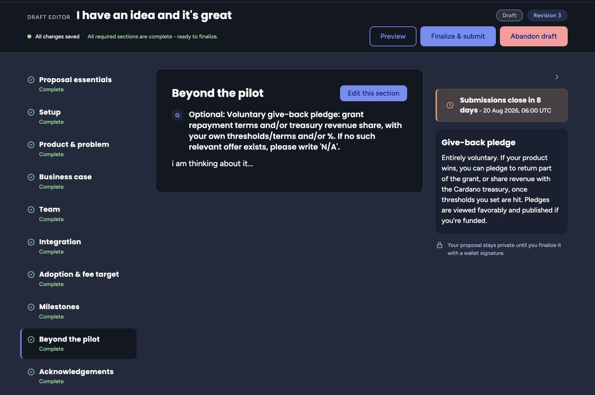dannyribar's tweet photo. one of the easter egg questions inside pilot submission form. where possible - can we turn around how we think about (not only) cardano grants/support in a more responsible way? let's force adult conversations about how we see our collective future and new standard to be...

https://t.co/g59cC7JRld