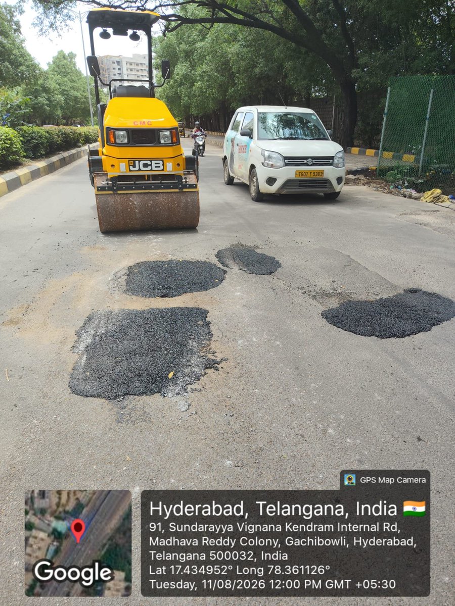 ZC_SLP's tweet photo. 🚧 Road Maintenance & Pothole Restoration Works – Serilingampally Zone

Comprehensive road maintenance works are being undertaken at various locations across Serilingampally Zone, CMC, covering pothole repairs, BT patch works, CC patch works, and recarpeting of road stretches.

Potholes are being restored using Wet Mix Shalmac (Cold Mix) bags, with a Mini Tandem Vibratory Roller being deployed to ensure proper compaction, a smooth finish, and durable restoration.

These works are aimed at improving road quality, driving comfort and overall road safety, ensuring better and safer connectivity for citizens across the Zone.
@jayesh_ranjan @MC_Cyberabad @CMC_Offcl @GummallaSrijana
